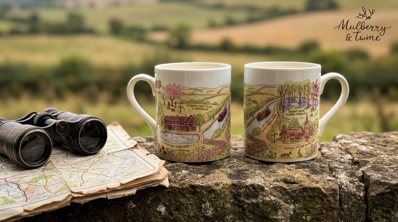 Warwickshire History and Landscape Mug on a stone wall.
