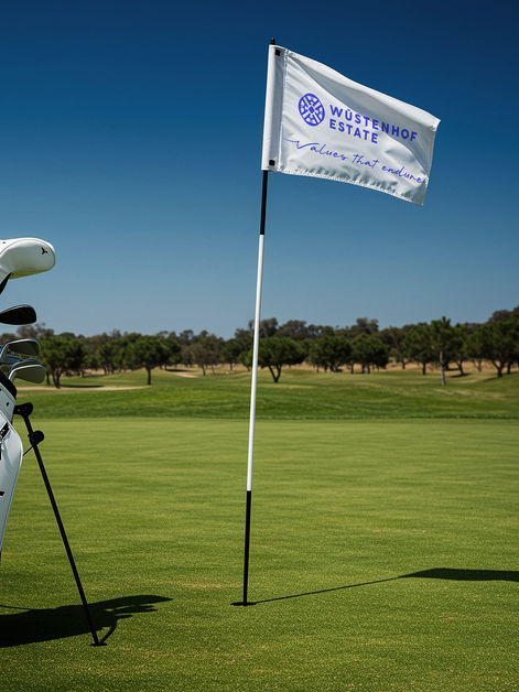 Timber frame | Real estate agent merchandising pennants – Branding on golf courses for real estate marketing