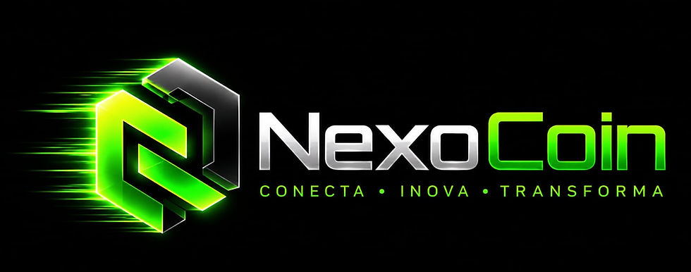 Logo NexoCoin em verde neon e prata sobre fundo preto