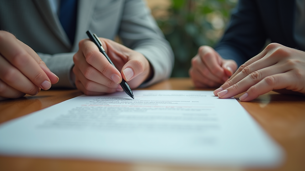 Close-up view of hands holding a contract and pen on a wooden table