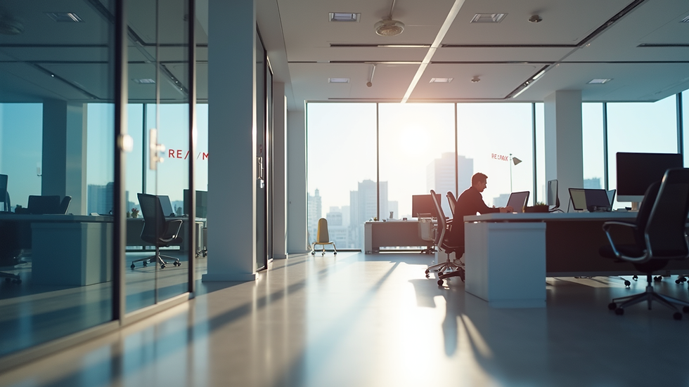 Eye-level view of modern office space with REMAX branding