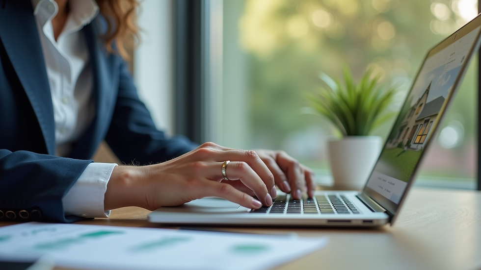 Close-up view of a real estate agent preparing a property listing on a laptop