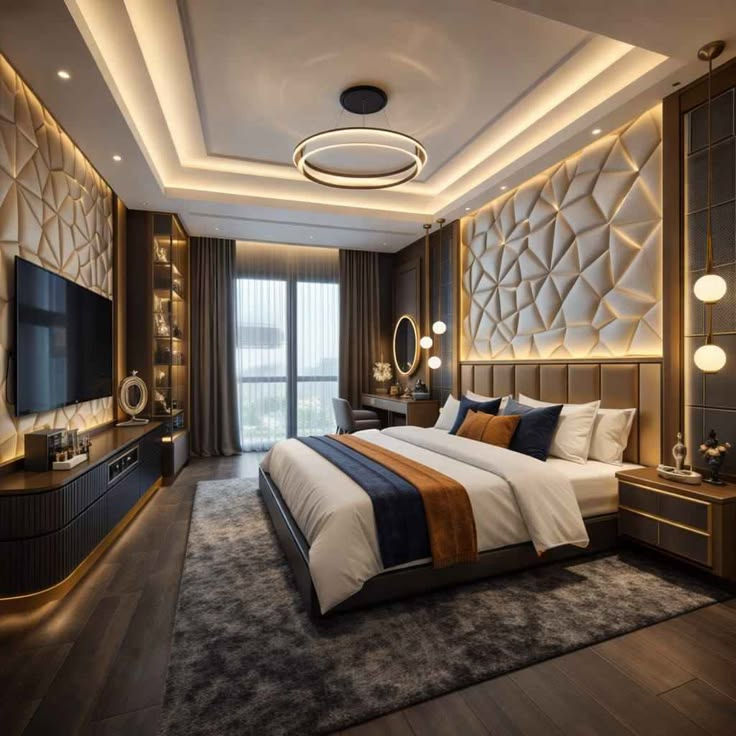 Modern luxury bedroom with a neatly made bed, wall-mounted TV, soft warm lighting, and floor-to-ceiling window.