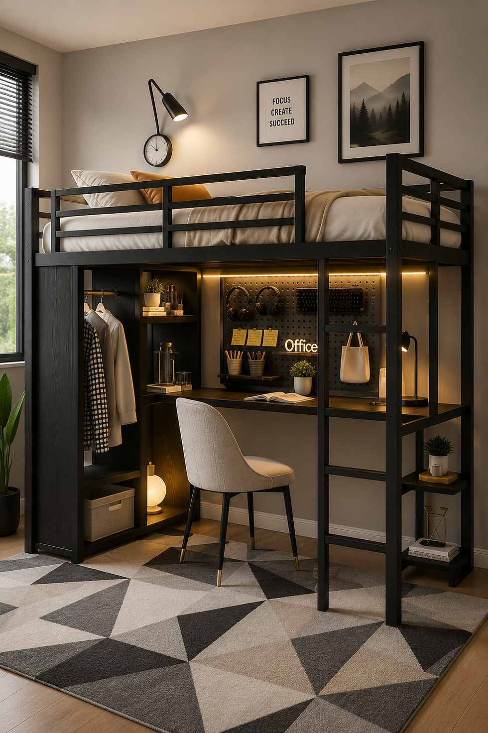 Modern loft bedroom office with black loft bed, desk, chair, and warm lamp; wall art reads FOCUS CREATE SUCCEED and Office.