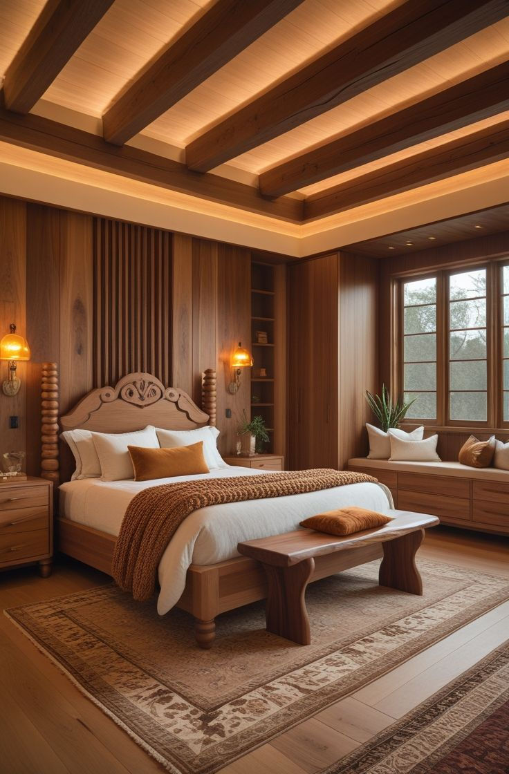 Warm wood-paneled bedroom with carved bed, bench, window seat, and soft amber lighting, creating a cozy calm mood.