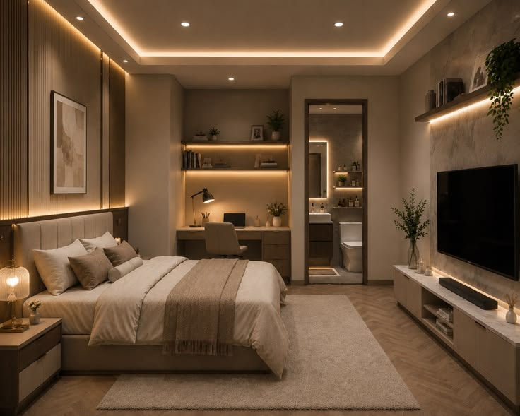 Warm modern bedroom with beige bed, desk nook, TV, soft lighting, and open bathroom doorway.