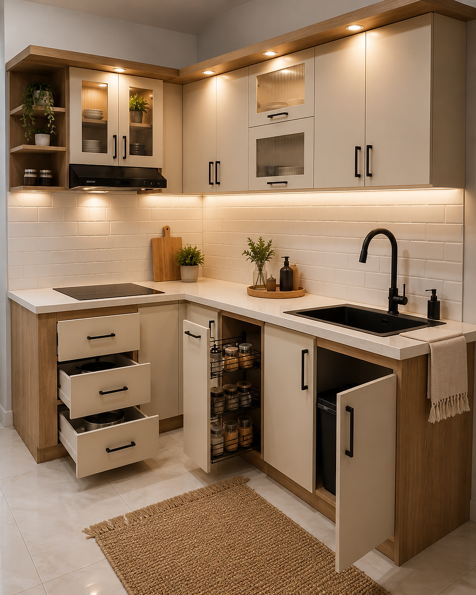 Warm modern kitchen with beige cabinets, black sink and faucet, open drawers, lit shelves, potted plants, and woven rug.