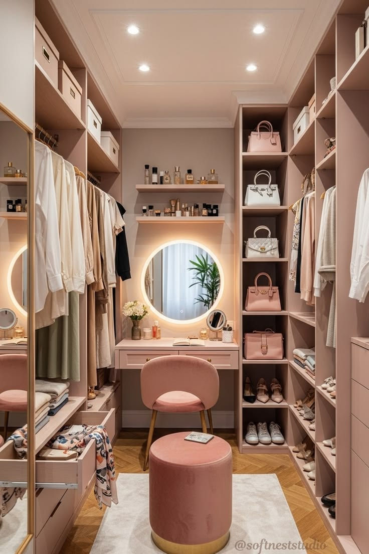 Pink walk-in closet with vanity, lit round mirror, clothes, shoes, handbags, and a pink stool; watermark @softneststudio.