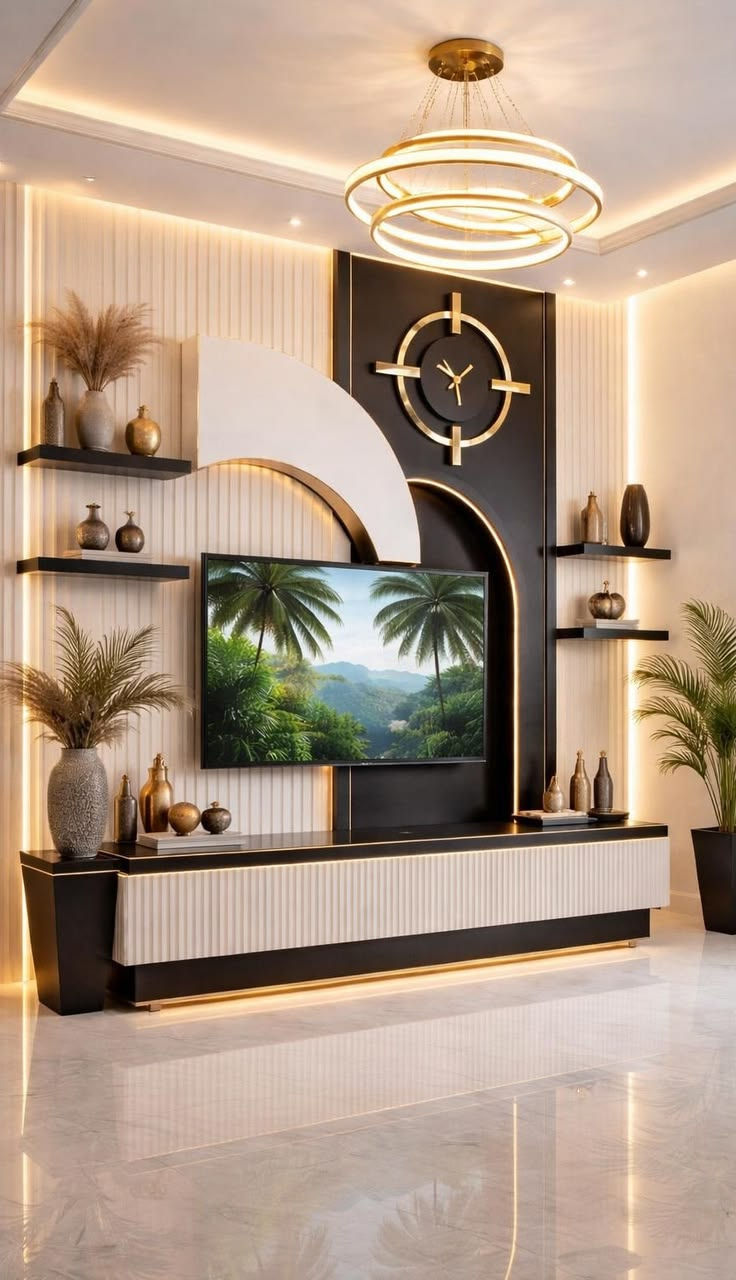 Stylish living room TV wall with gold ring chandelier, black-and-white decor, plants, shelves, and tropical landscape on screen