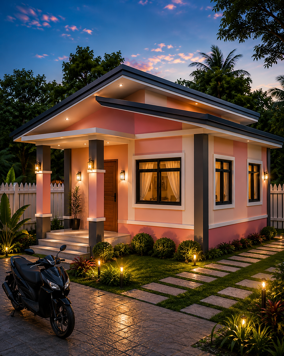 Pink modern house at dusk with warm porch lights, black scooter in front, tropical trees, white fence, and stone path garden