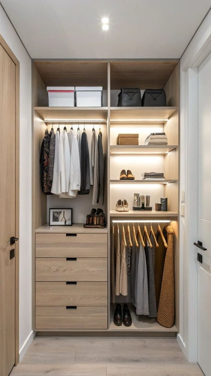Neatly organized walk-in closet with hanging clothes, drawers, shoes, bags, and warm-lit shelves in a modern wood-and-white space