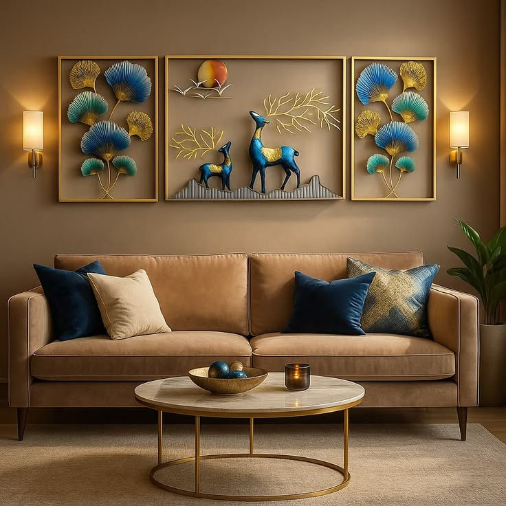 Stylish beige living room with blue pillows, gold coffee table, deer wall art, warm sconces, and a potted plant.