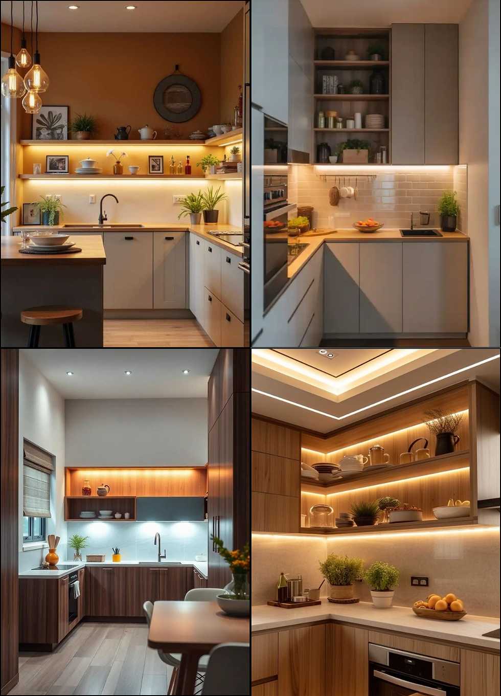 Collage of four modern warm-lit kitchens with wood cabinets, open shelves, plants, and countertops in cozy minimalist interiors.
