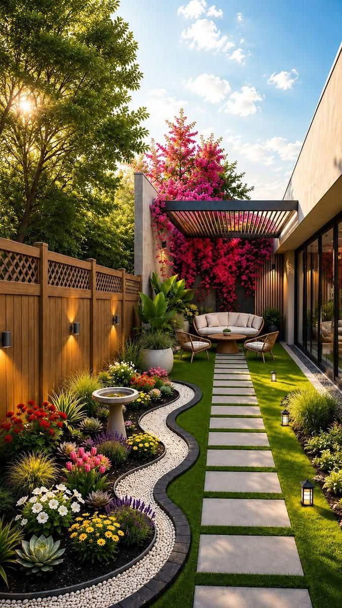 Lush backyard garden patio with stone path, flowers, lounge seating, wooden fence, and pink bougainvillea under a sunny blue sky.