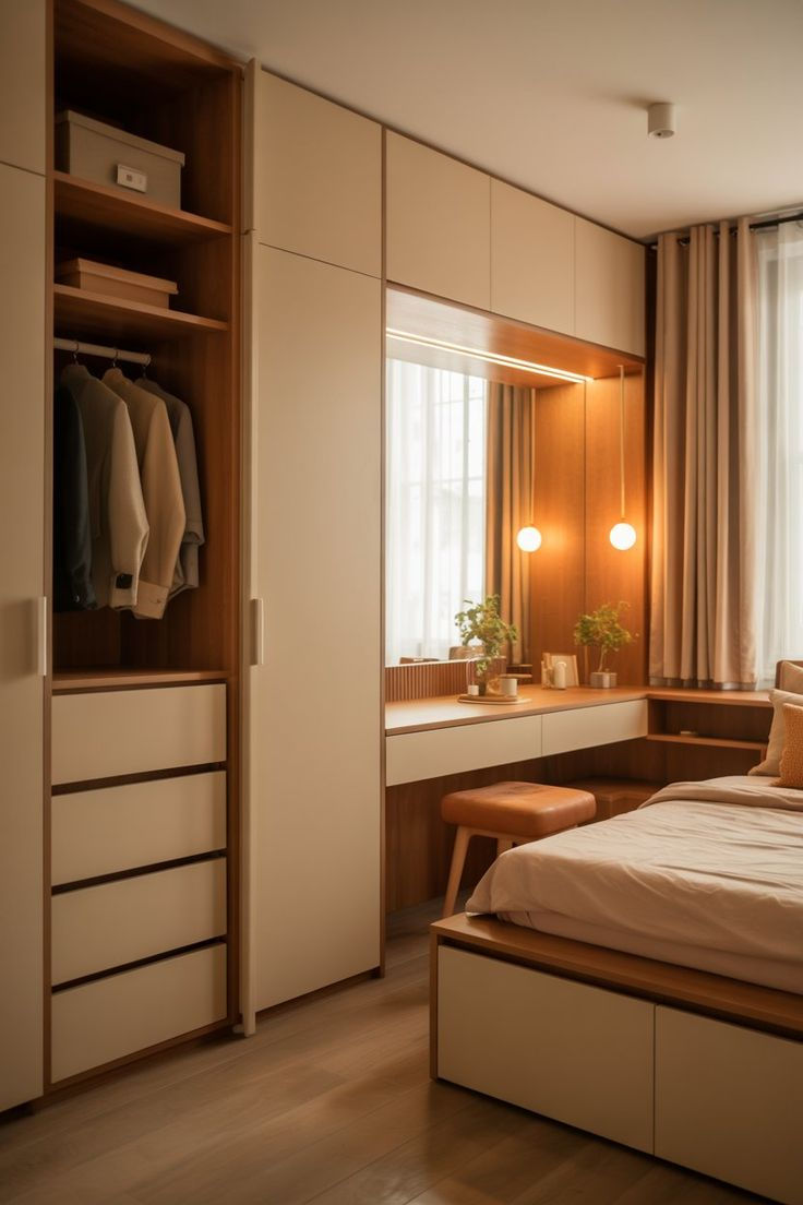 Warm minimalist bedroom with built-in wardrobe, hanging clothes, vanity mirror, hanging lights, plants, and bed by a window.