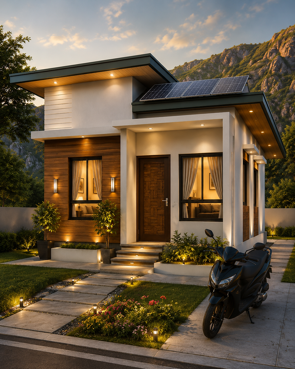 Modern two-story house at sunset with solar panels, warm lights, mountain backdrop, landscaped garden, and a black scooter in front.