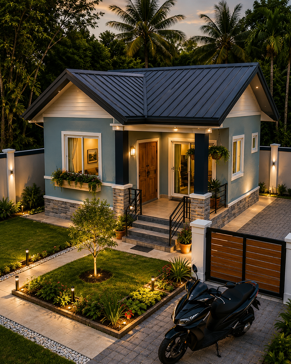 Modern tropical house at dusk with lit garden, black scooter in the driveway, and palm trees behind.