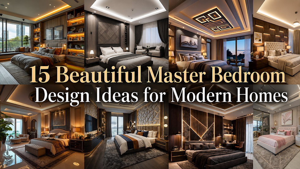 Collage of modern master bedrooms with warm lighting and luxe decor; text reads 15 Beautiful Master Bedroom Design Ideas for Modern Homes