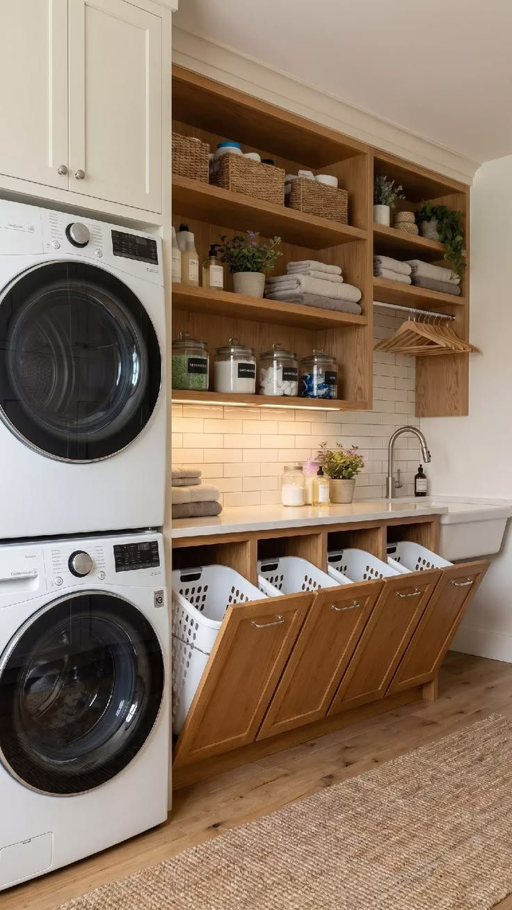 Bright laundry room with stacked washer-dryer, wood shelves, folded towels, baskets, jars, and pull-out hamper cabinets.