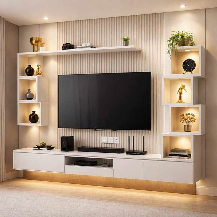 Modern living room TV wall unit with black screen, white shelves, warm accent lighting, plants, decor, and a calm minimalist look