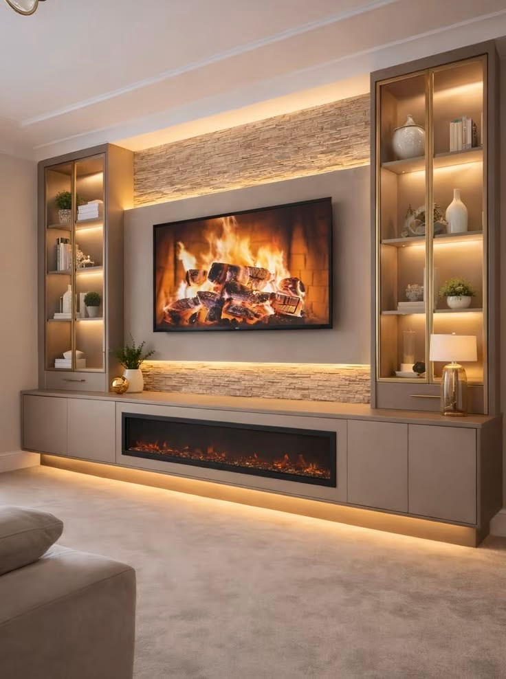Cozy modern living room with a wall-mounted fireplace, glowing built-in shelves, and warm beige decor.