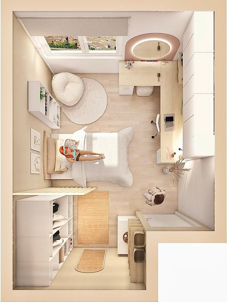 Top-down view of a cozy beige bedroom with a woman on the bed and a child on the floor, surrounded by white furniture and soft decor.