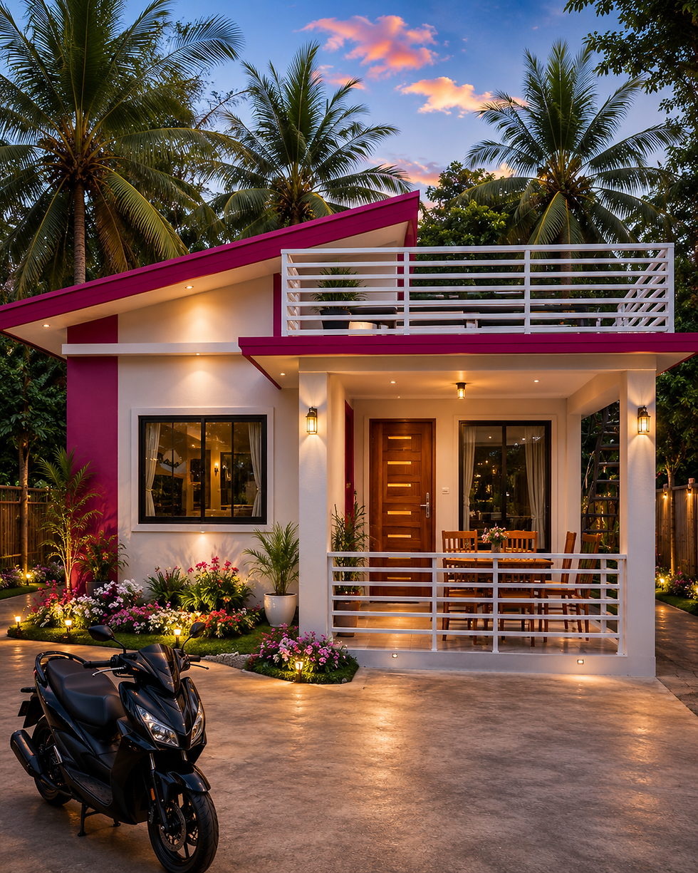 Modern tropical house at dusk with a black scooter in front, pink trim, lit porch, palm trees, and a small balcony.