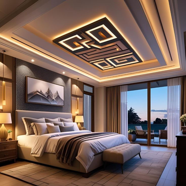 Luxury modern bedroom with lit geometric ceiling, king bed, warm lamps, and sliding doors to a sunset patio