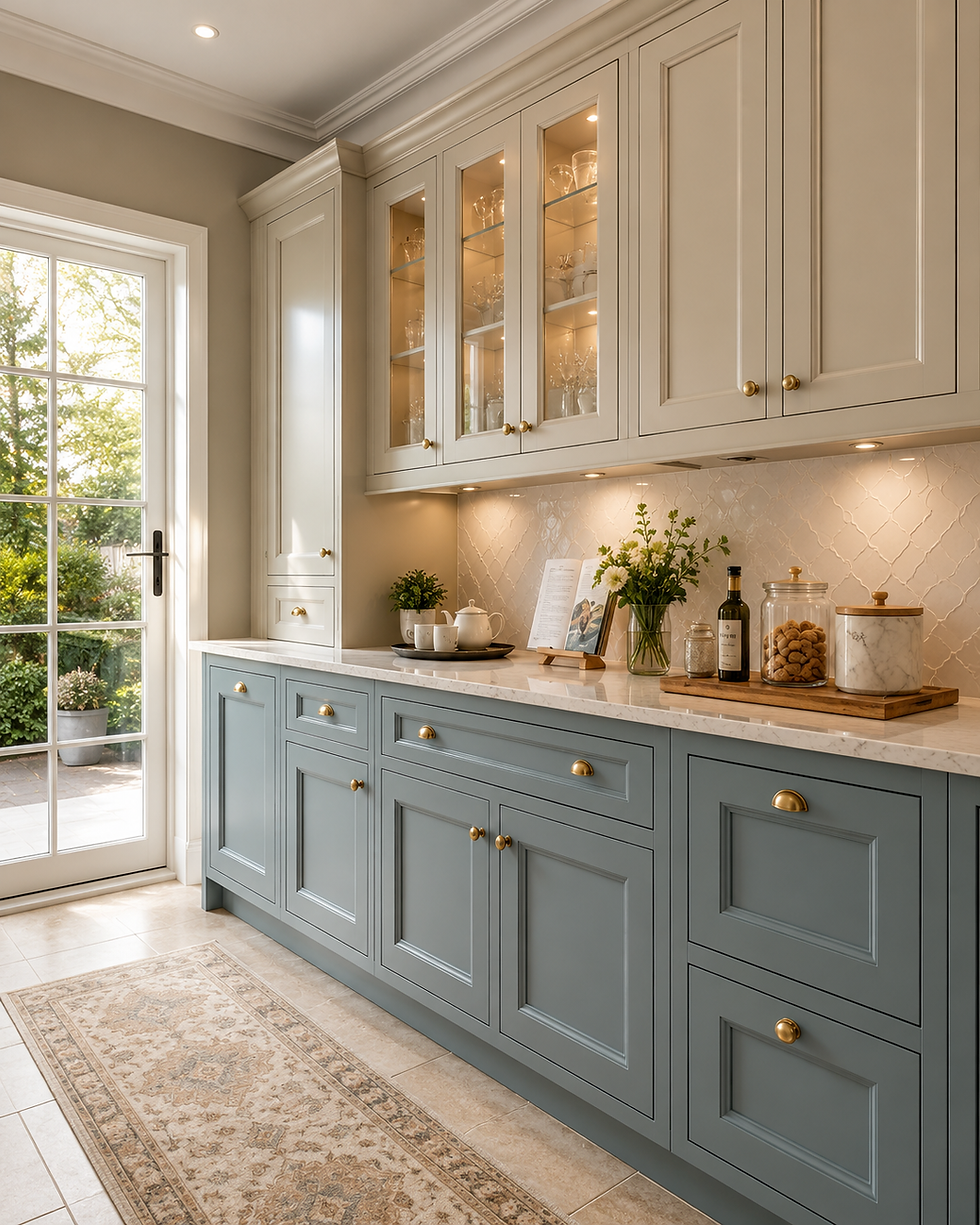 Elegant kitchen with blue-gray cabinets, glass-front uppers, marble counter, flowers and jars, beside sunlit French doors.