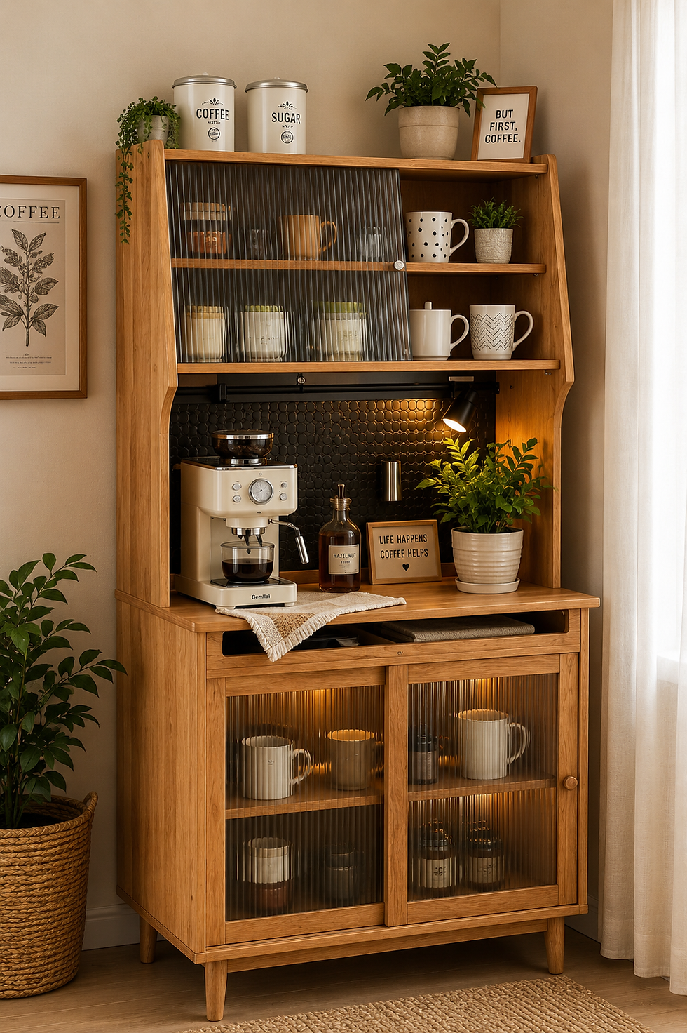 Cozy wooden coffee cabinet with espresso machine, mugs, plants, and signs reading But first, coffee and Life happens coffee helps.