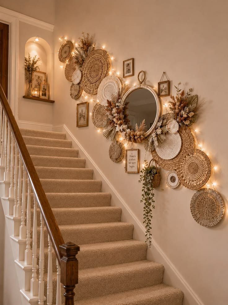 Beige carpeted staircase with boho woven wall decor, round mirror, fairy lights, and framed sign reading Home is where my story begins.