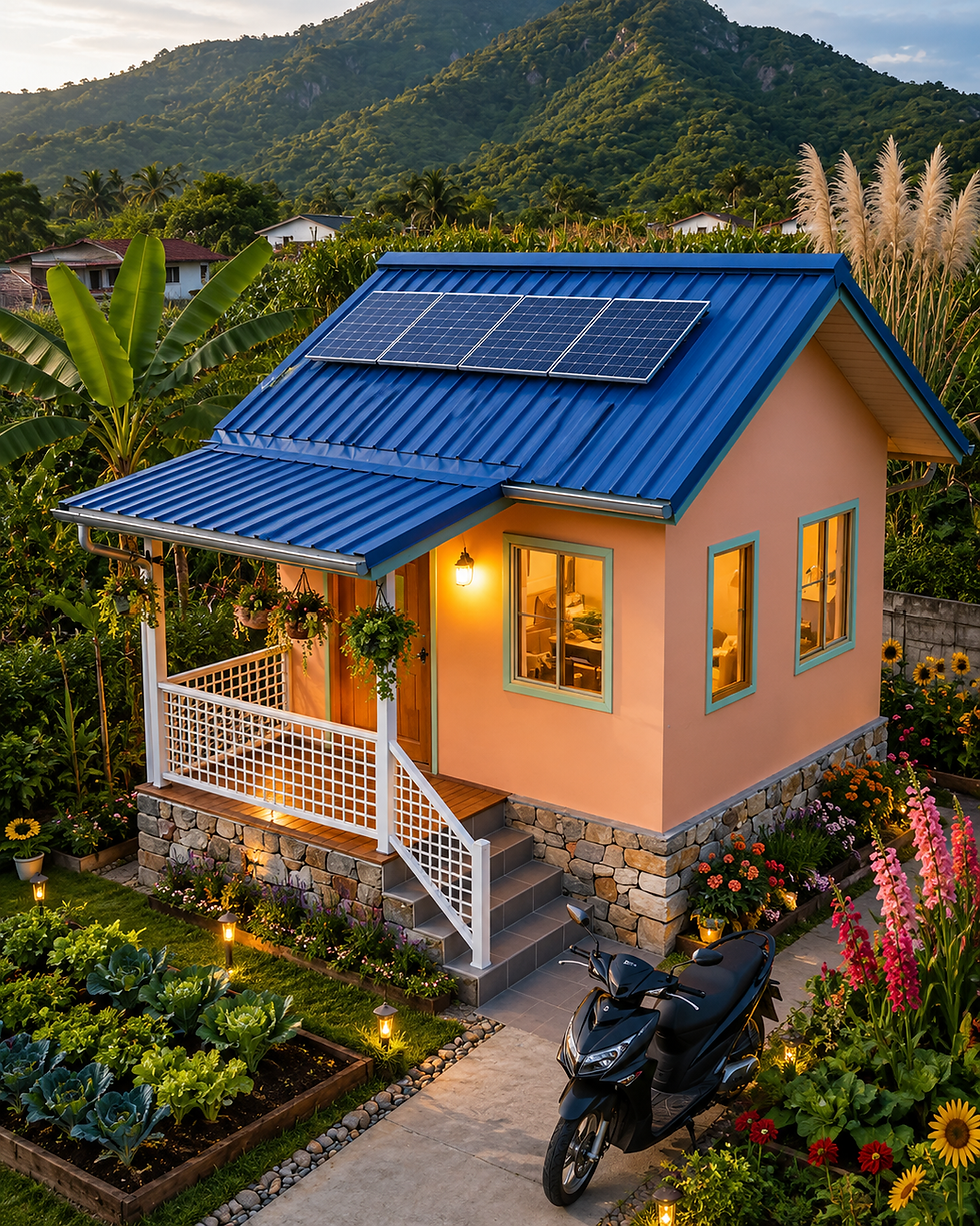 Small peach house with blue roof solar panels, glowing porch lights, lush garden, and a black scooter, set against green mountains.
