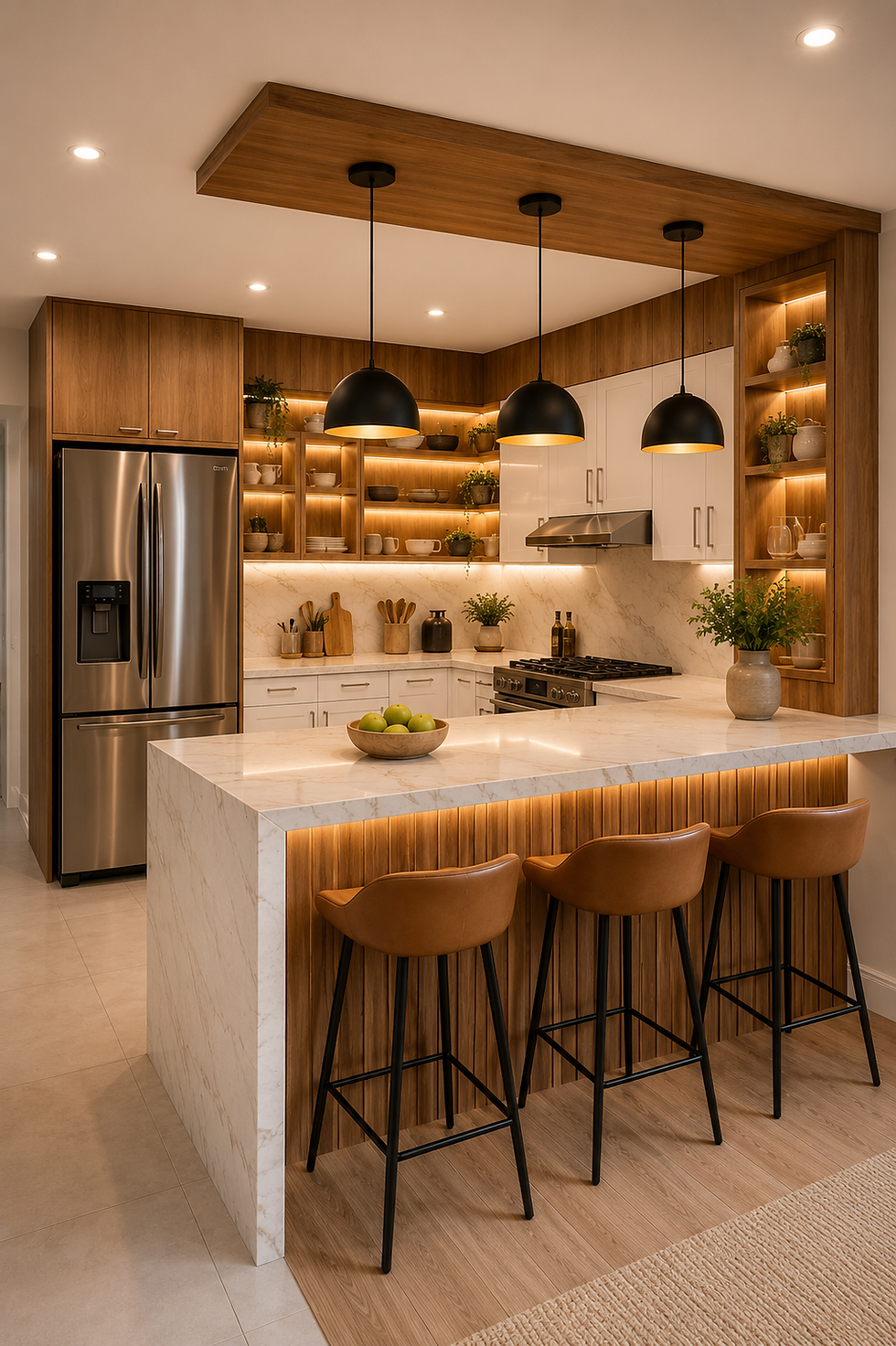 Warm modern kitchen with marble island, three black pendant lights, tan bar stools, wood cabinets, stainless fridge, and green fruit bowl