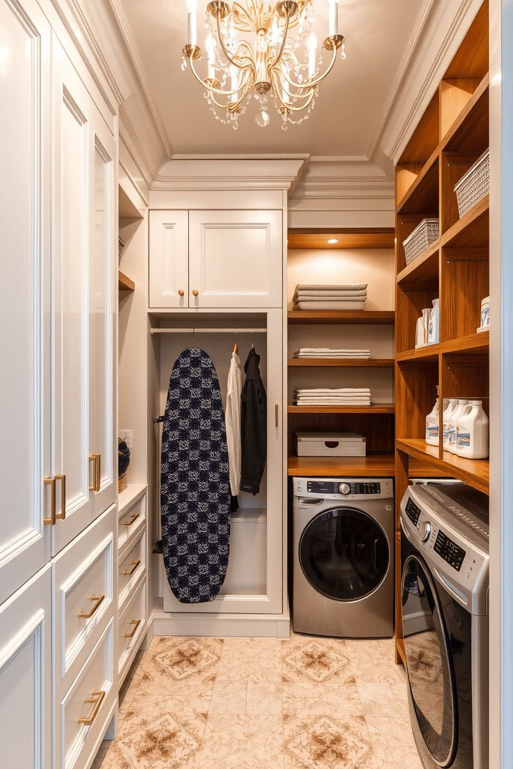 Elegant laundry room with chandelier, washer and dryer, white cabinets, wood shelves, and neatly folded towels.