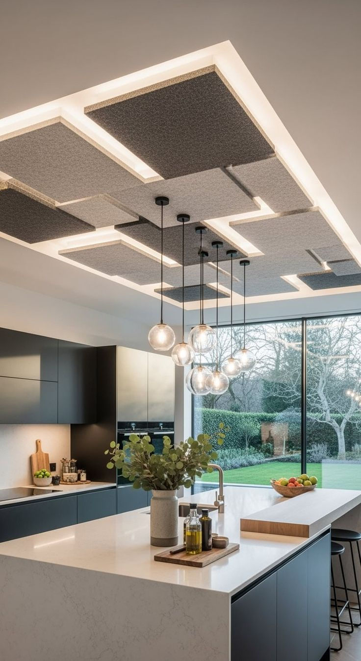 Modern kitchen with dark cabinets, white island, hanging glass lights, and a large window overlooking a garden
