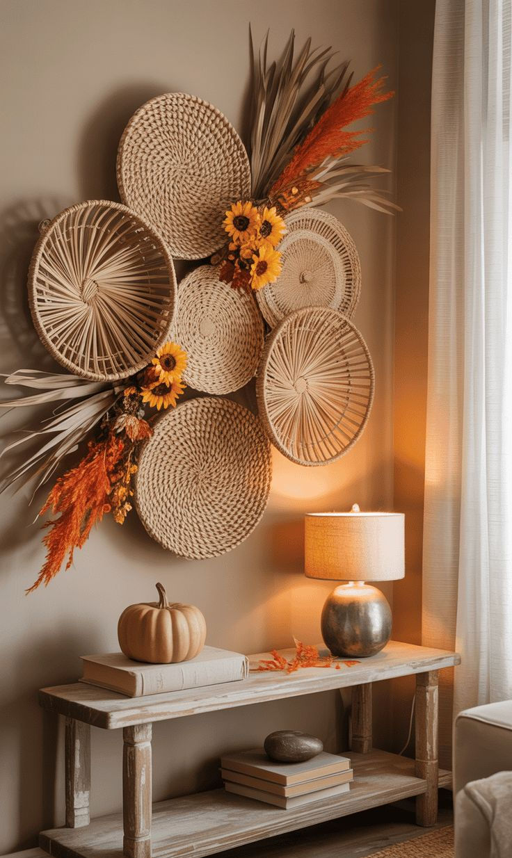 Cozy fall living room with woven wall art, sunflowers and orange foliage, lit table lamp, pumpkin, books, and soft curtains