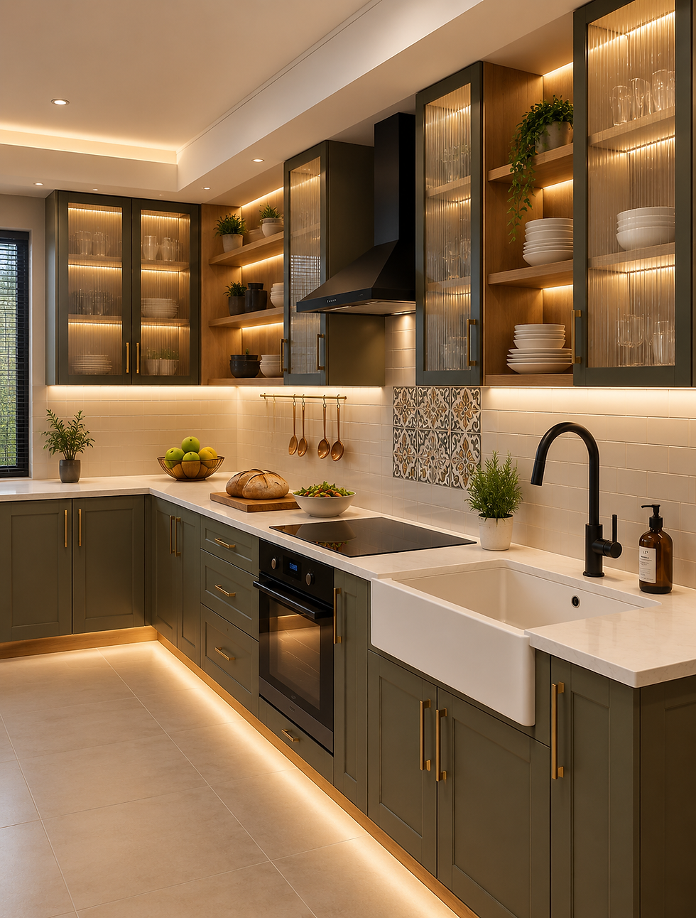 Warm modern kitchen with olive cabinets, glass-front shelves, white farmhouse sink, fruit, bread, and plants under soft lighting.