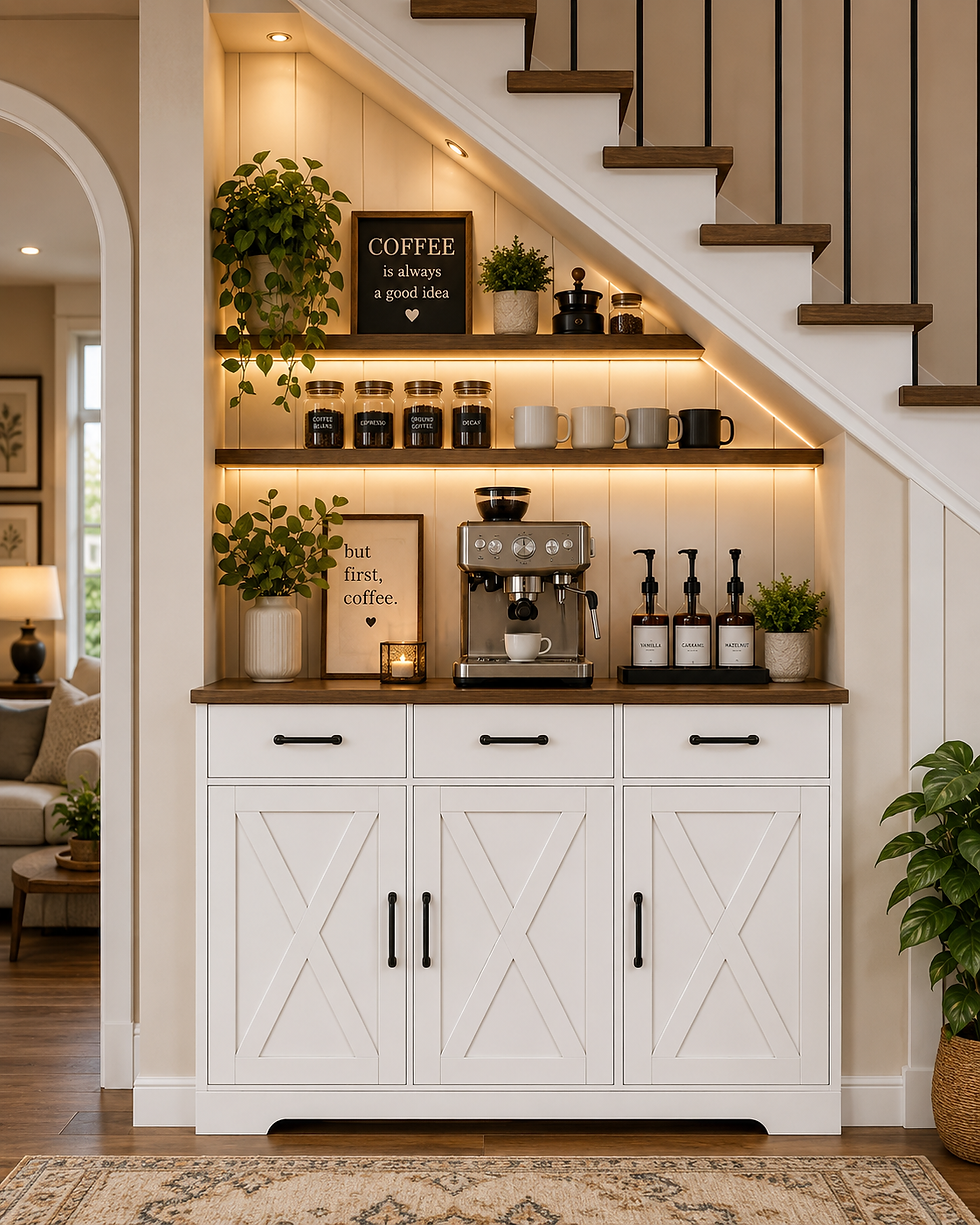 Cozy under-stairs coffee bar with espresso machine, mugs, plants, and signs reading Coffee is always a good idea and but first, coffee.