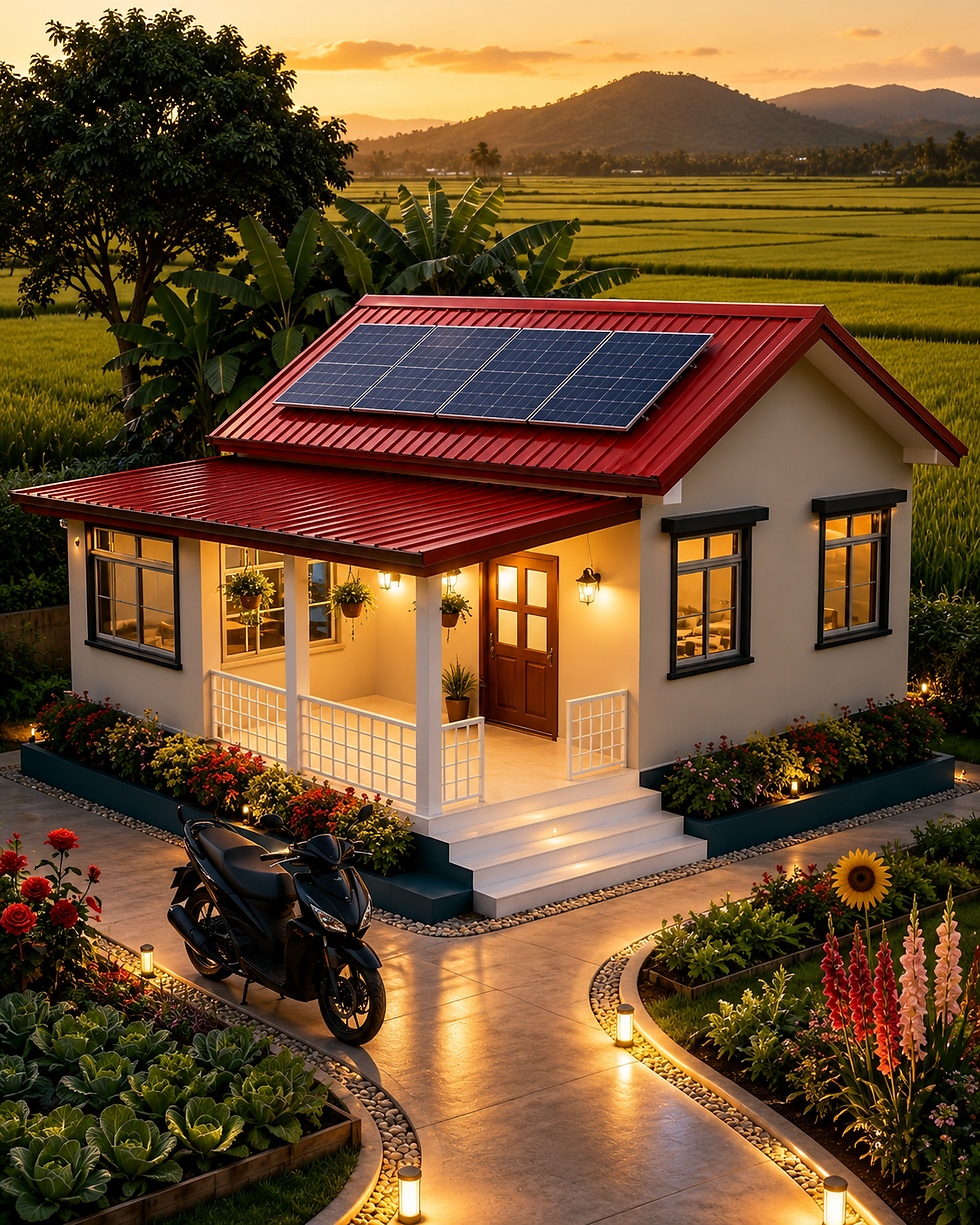 Small modern house with red roof solar panels at sunset, lit porch and garden, black scooter on path, rice fields and mountains behind.
