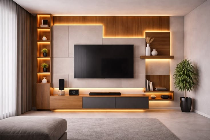 Modern living room with wall-mounted TV, warm LED-lit wood shelves, potted plant, and gray sofa edge.