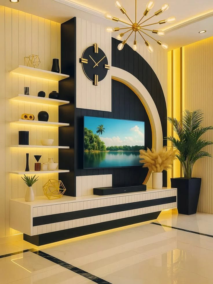 Modern living room with black-and-white TV wall, glowing shelves, gold chandelier, potted plants, and a lake scene on the screen.