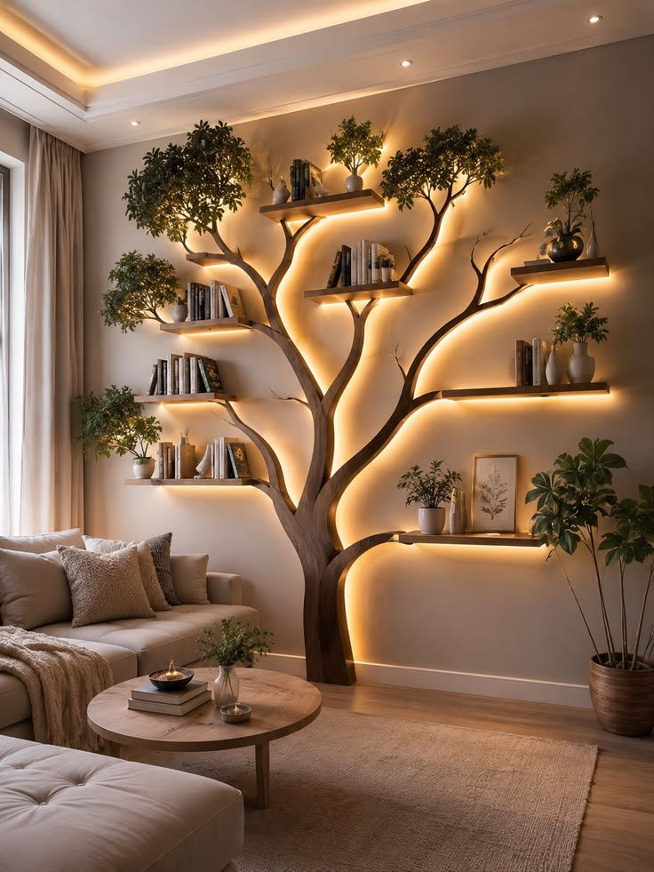Cozy living room with glowing tree-shaped wall shelves, potted plants, books, beige sofa, and round coffee table.