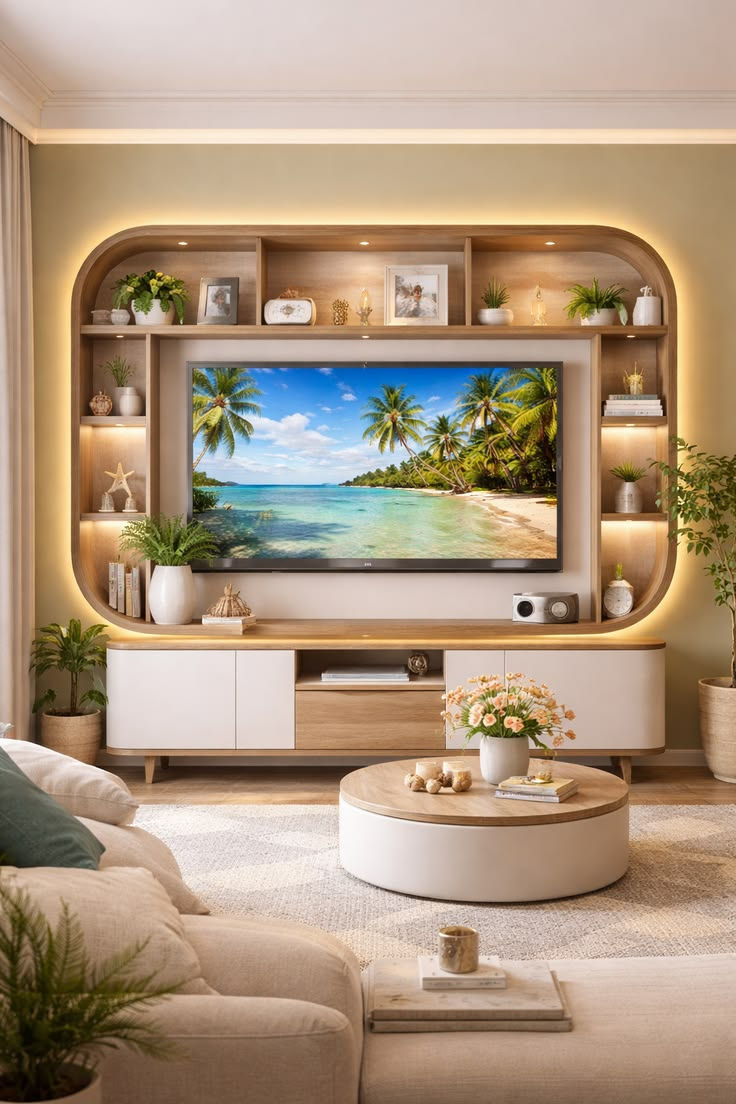 Warm living room with built-in shelves, a TV showing a tropical beach, potted plants, and a round coffee table.