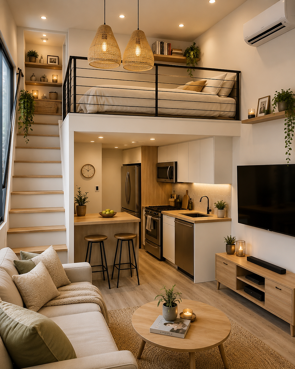 Cozy loft studio with a bed over a kitchen, beige sofa, round coffee table, plants, candles, and KINFOLK book.