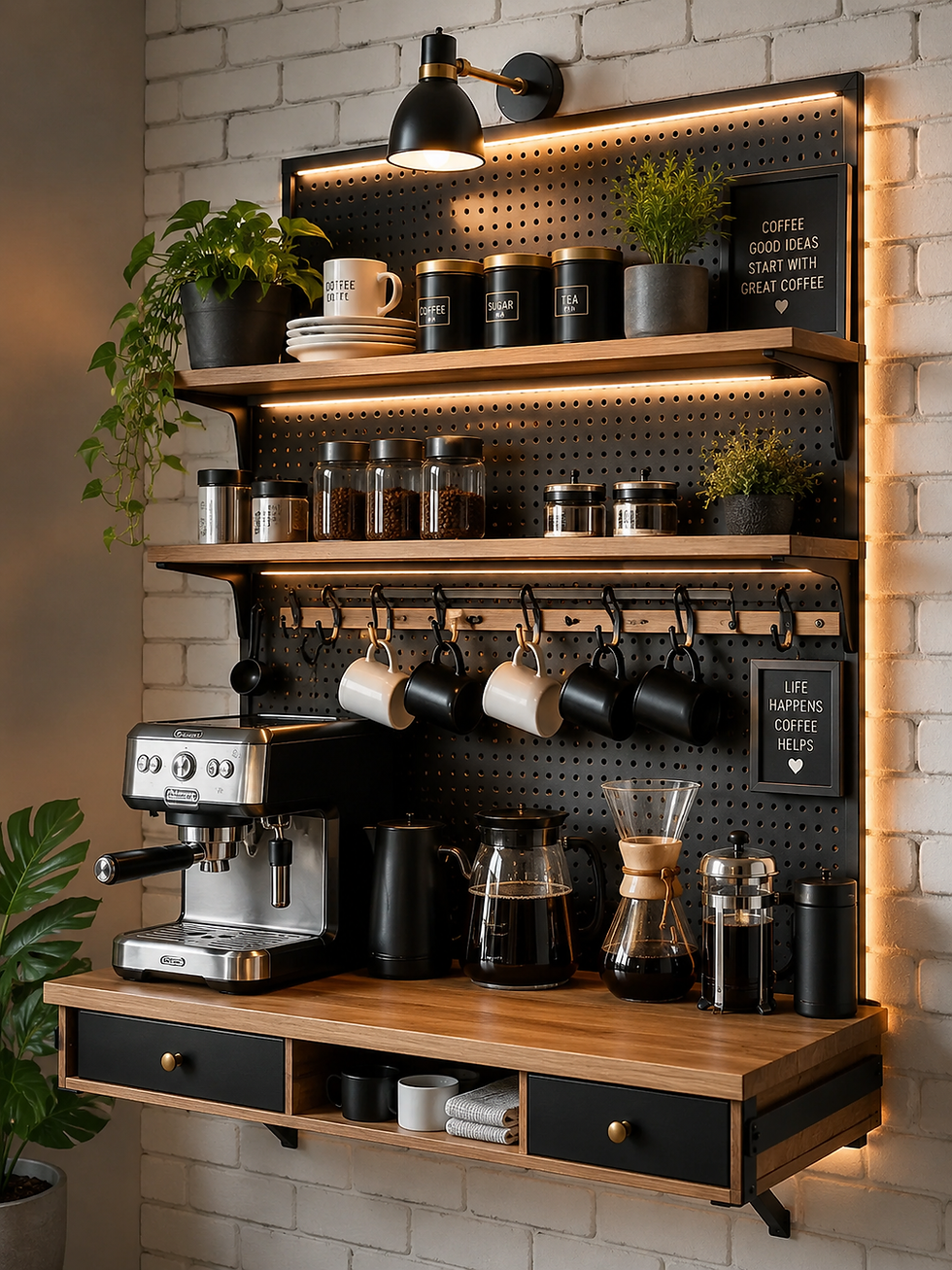 Warm-lit coffee bar with espresso machine, mugs, jars, plants, and sign reading Coffee good ideas start with great coffee.