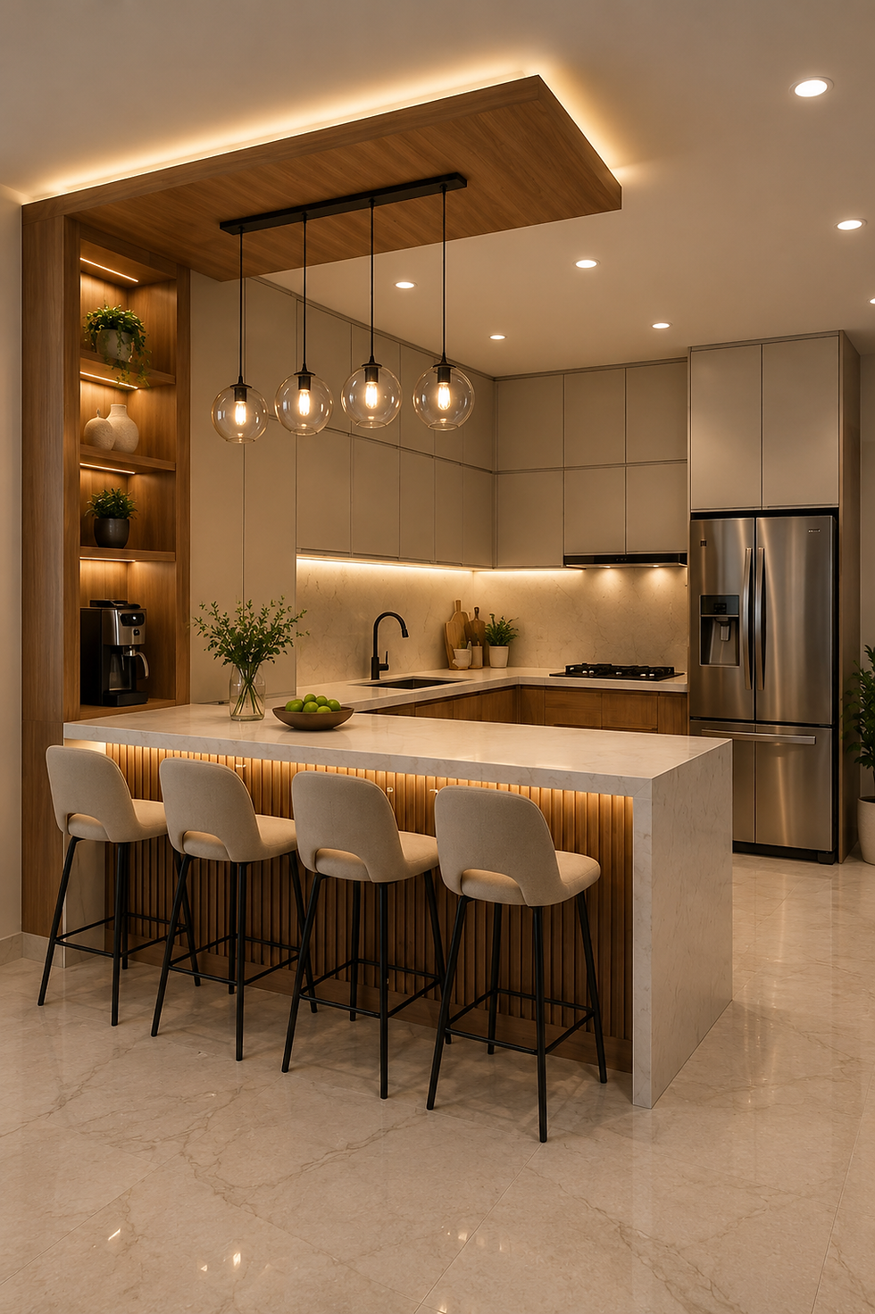 Modern warm kitchen with marble island, four beige stools, pendant lights, wood shelving, stainless fridge, and soft recessed lighting