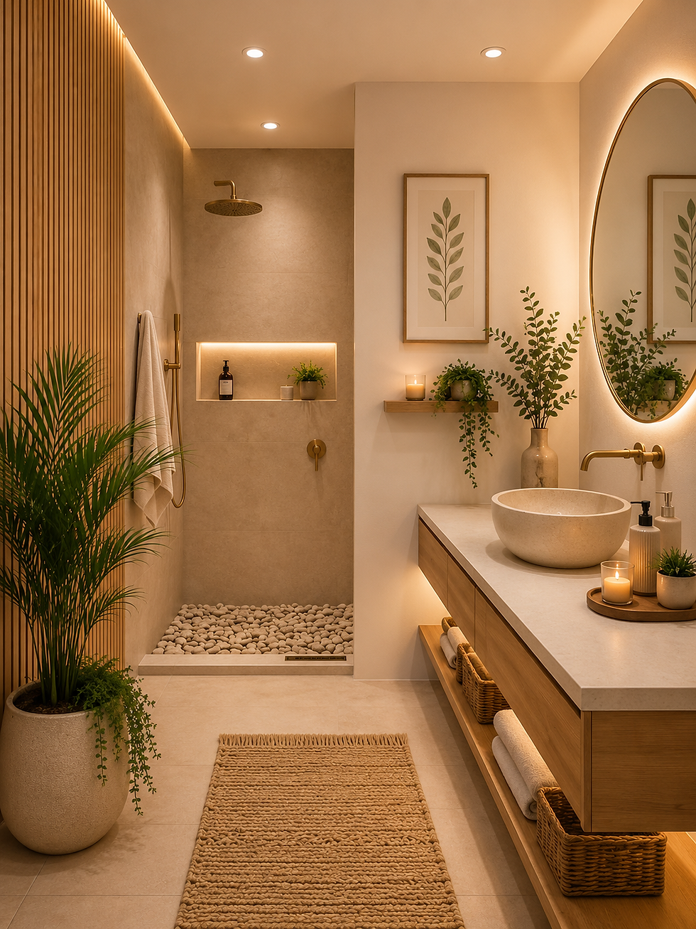 Warm spa-like bathroom with stone shower, round vessel sink, candles, plants, woven rug, and gold fixtures.