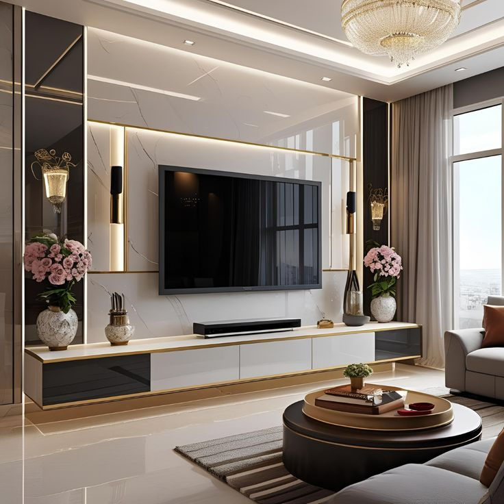 Luxury modern living room with wall-mounted TV, chandelier, pink flowers, sofa, and round coffee table by a bright window.