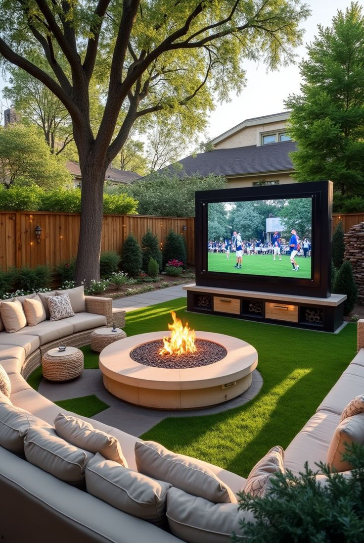 Backyard patio with curved sofas around a fire pit, watching a sports game on an outdoor TV, surrounded by trees and fencing.