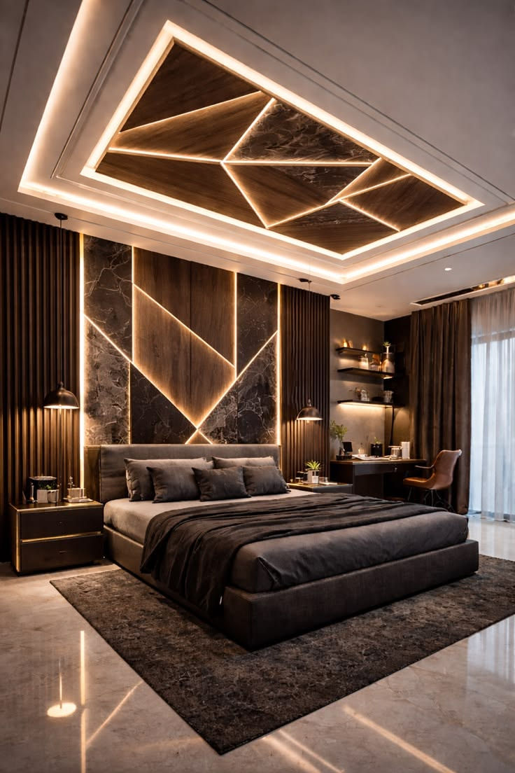 Luxurious dark bedroom with geometric LED ceiling and headboard, black bed, desk, and curtains, creating a sleek modern mood.